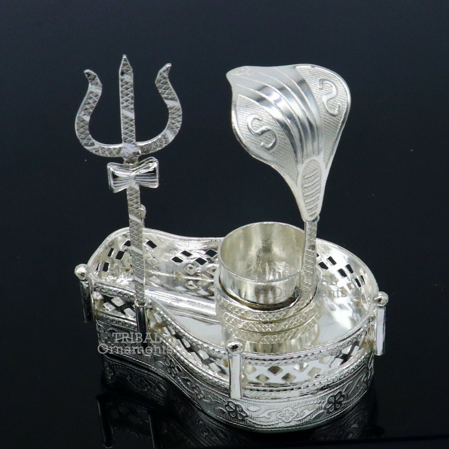 925 sterling silver handmade lord shiva lingam stand/ jalheri with snake and trident mahakal lingam stand su788 - TRIBAL ORNAMENTS