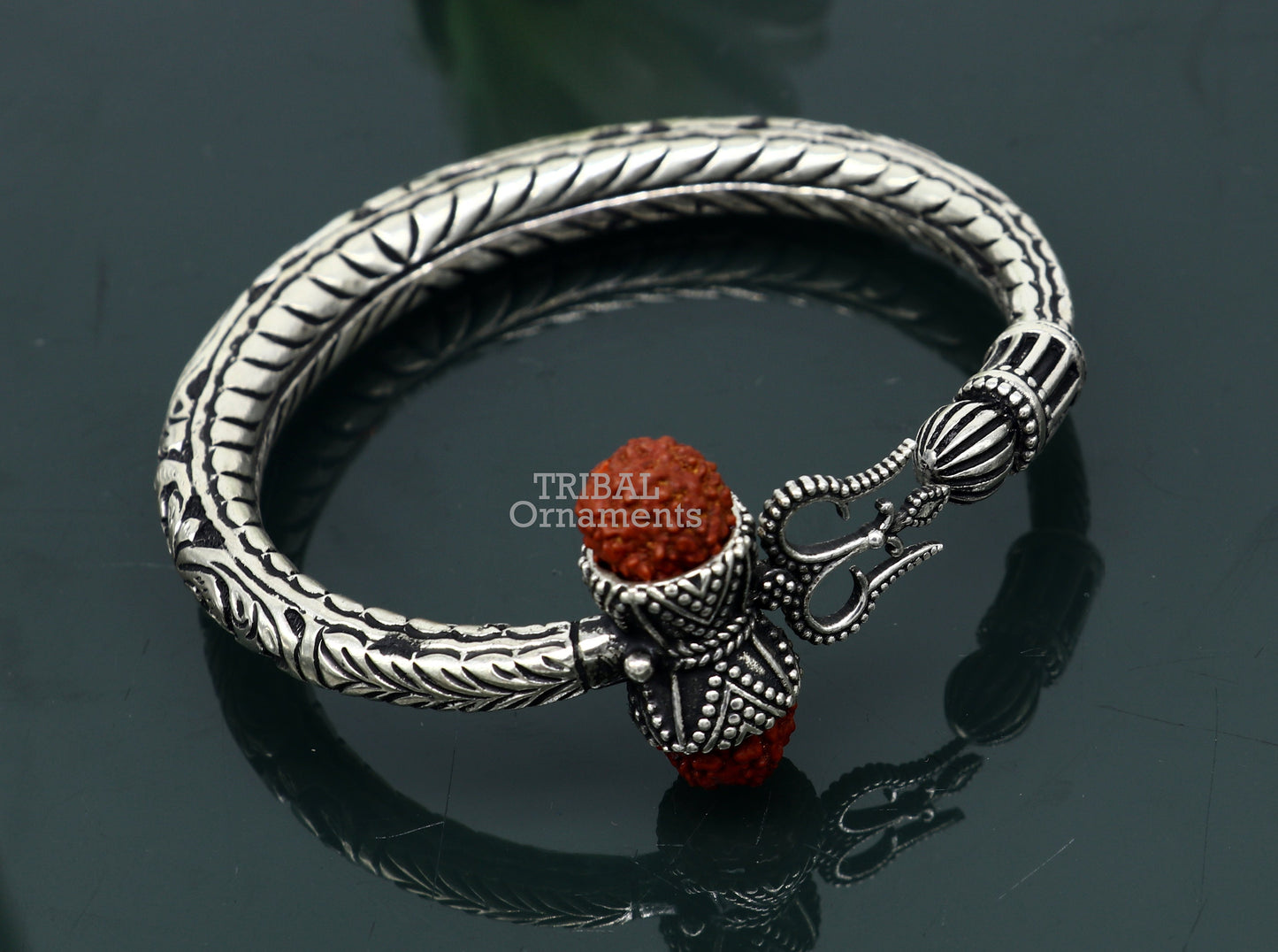 Divine Lord Shiva trident trishul trishool kada 925 Sterling silver handmade bangle bracelet with natural Rudraksha magical kada nsk492 - TRIBAL ORNAMENTS