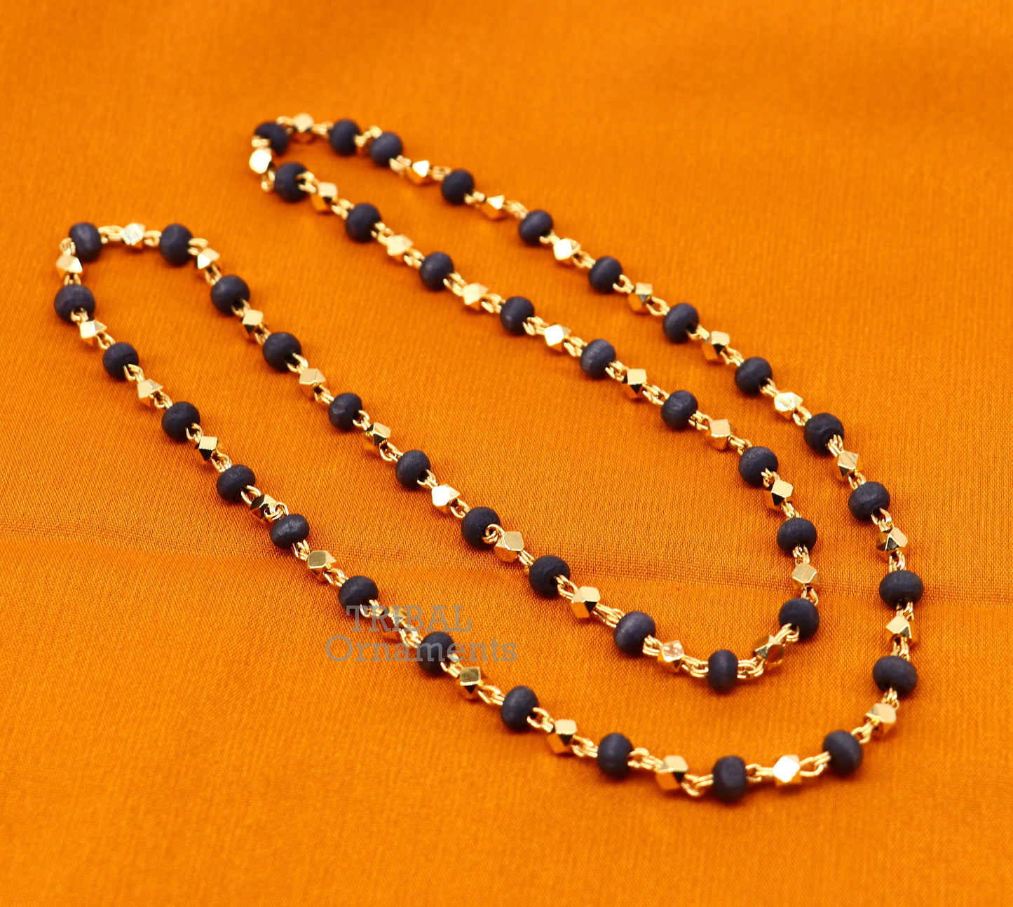 Sterling silver handmade wooden beads basil rosary beads silver chain over gold polished, black tulsi mala customized necklace ch161 - TRIBAL ORNAMENTS