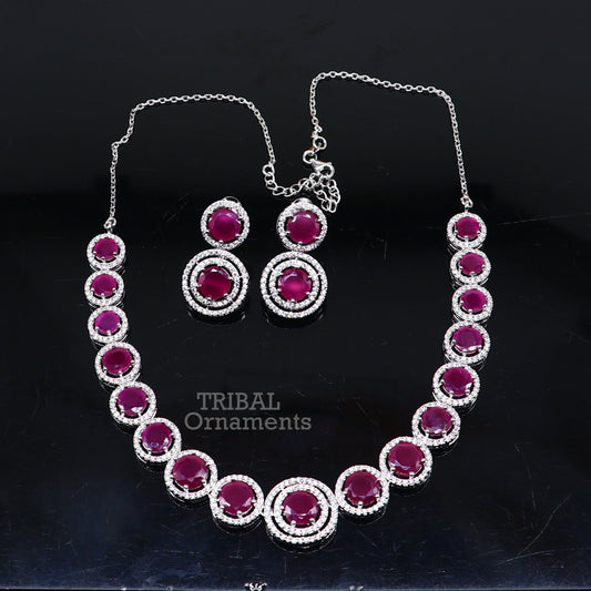 925 sterling silver handmade gorgeous pink cubic zircon stone work necklace, wedding brides charm customized jewelry set449 - TRIBAL ORNAMENTS