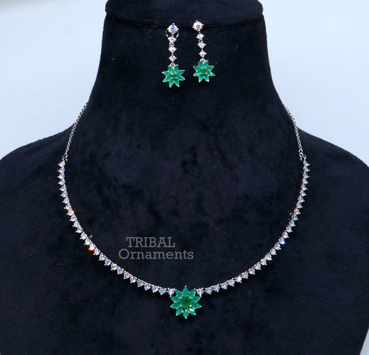 925 sterling silver handmade gorgeous green stone cubic zircon stone work necklace, wedding brides charm customized jewelry set450 - TRIBAL ORNAMENTS