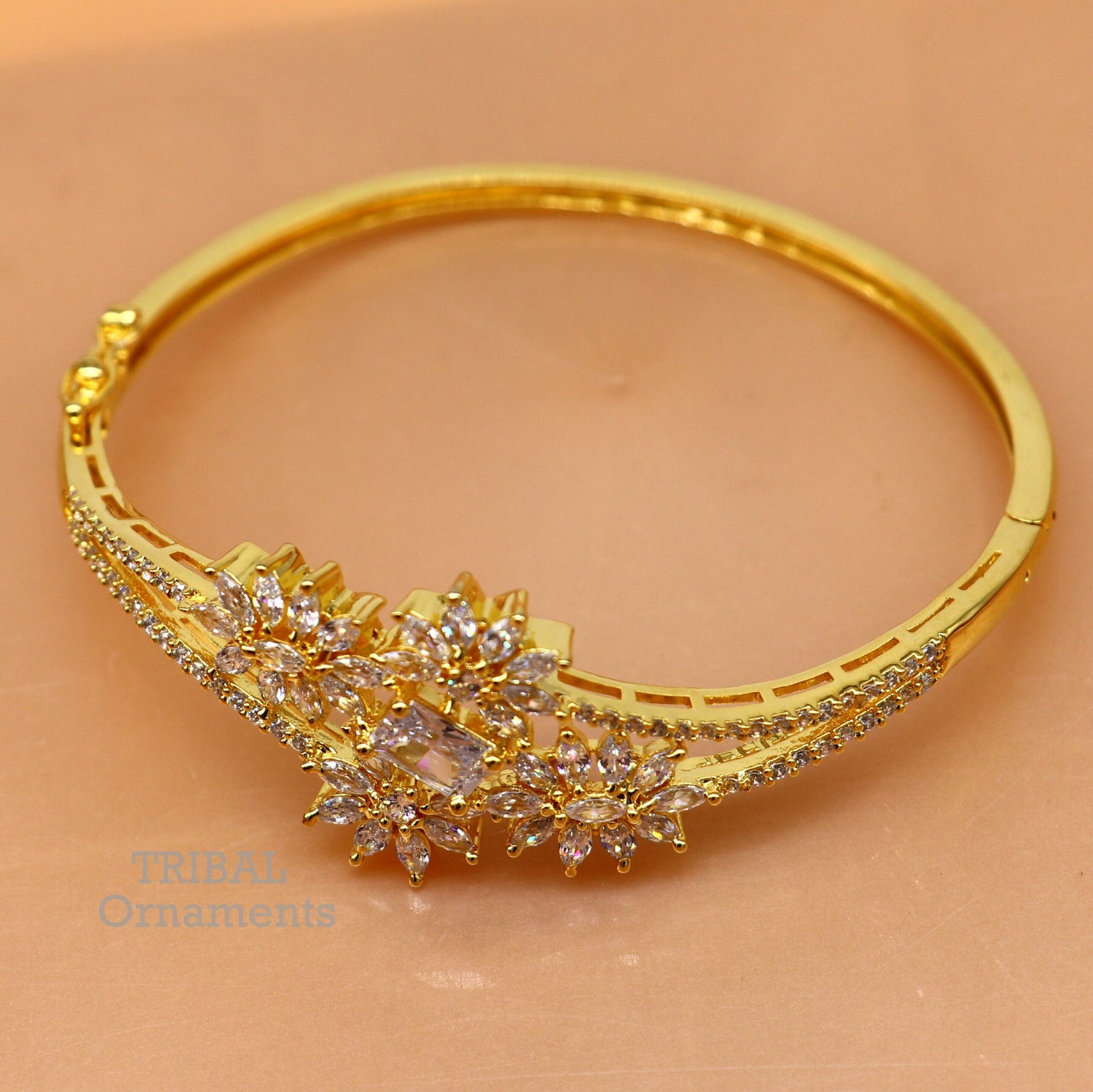 925 sterling silver gold polished handmade amazing cubic zircon stone cuff bangle bracelet kada customized girl's jewelry cuff84 - TRIBAL ORNAMENTS