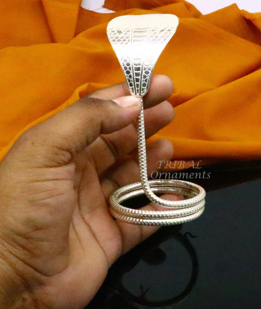 4.2" Shiva Snake Solid silver handmade Divine vintage style snake or shiva snake for puja or worshipping, solid Diwali puja article su811 - TRIBAL ORNAMENTS