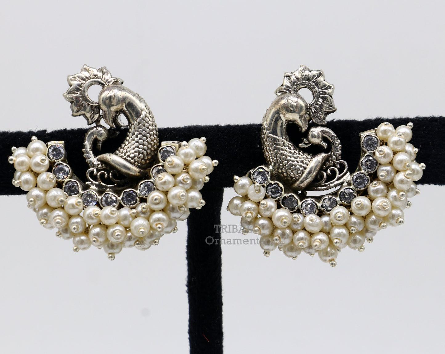 925 sterling silver handmade gorgeous peacock design stud earring with gorgeous cut stone and pearl customized earring tribal jewelry s1033 - TRIBAL ORNAMENTS