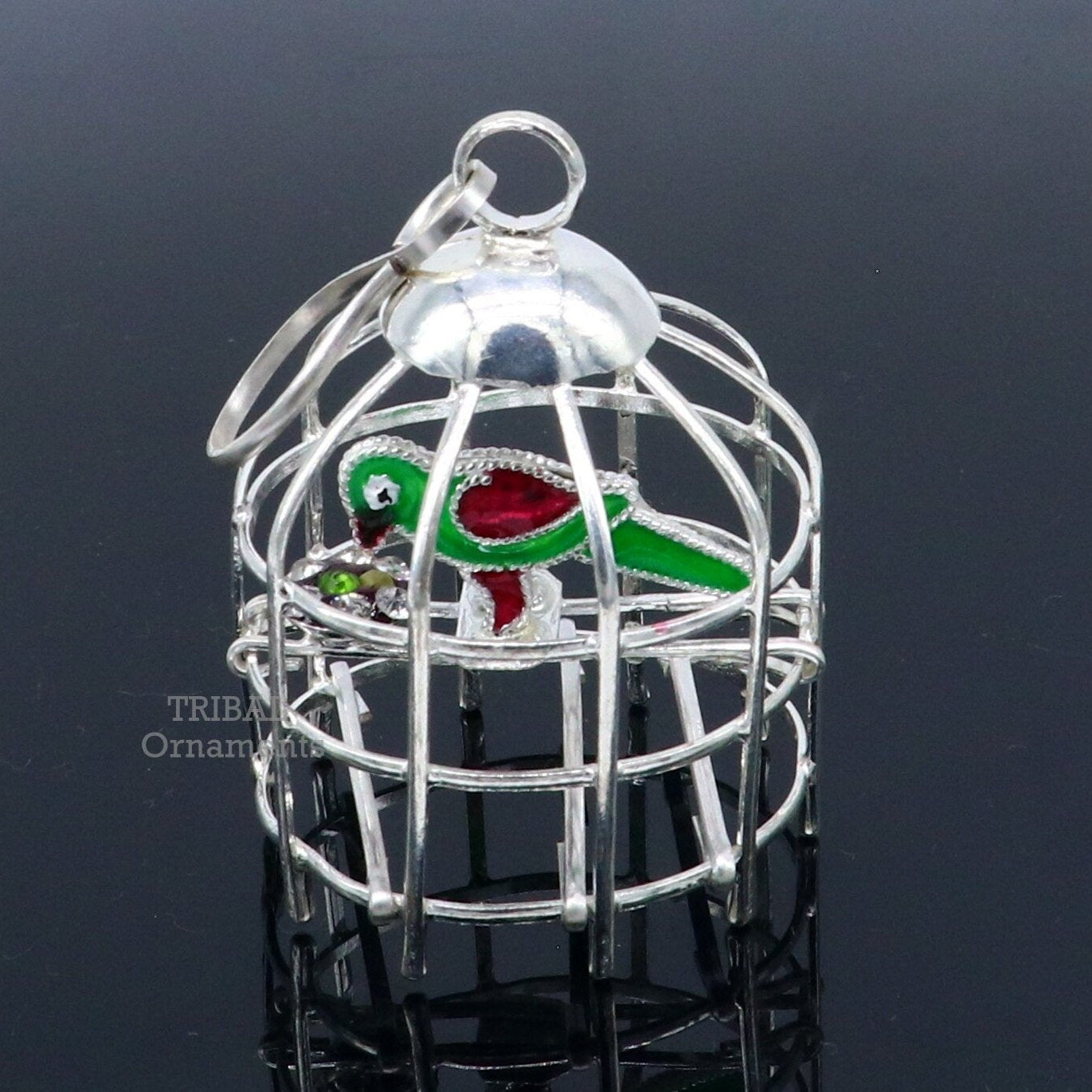 Solid sterling silver handmade toy for idol krishna, silver parrot and cage, silver article for gifting to God or idol Krishna su767 - TRIBAL ORNAMENTS
