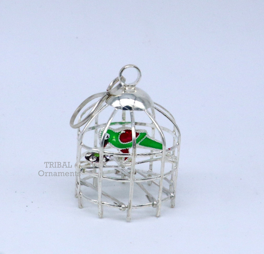 Solid sterling silver handmade toy for idol krishna, silver parrot and cage, silver article for gifting to God or idol Krishna  su767 - TRIBAL ORNAMENTS