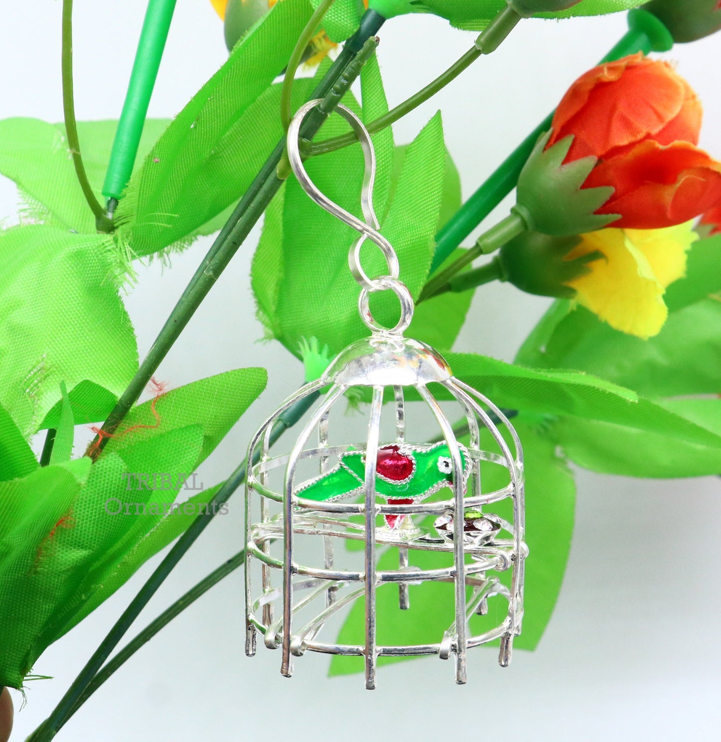 Solid sterling silver handmade toy for idol krishna, silver parrot and cage, silver article for gifting to God or idol Krishna su767 - TRIBAL ORNAMENTS