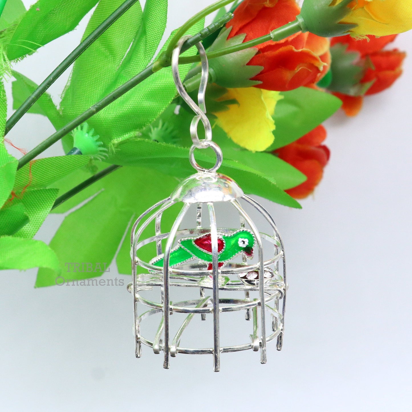 Solid sterling silver handmade toy for idol krishna, silver parrot and cage, silver article for gifting to God or idol Krishna su767 - TRIBAL ORNAMENTS