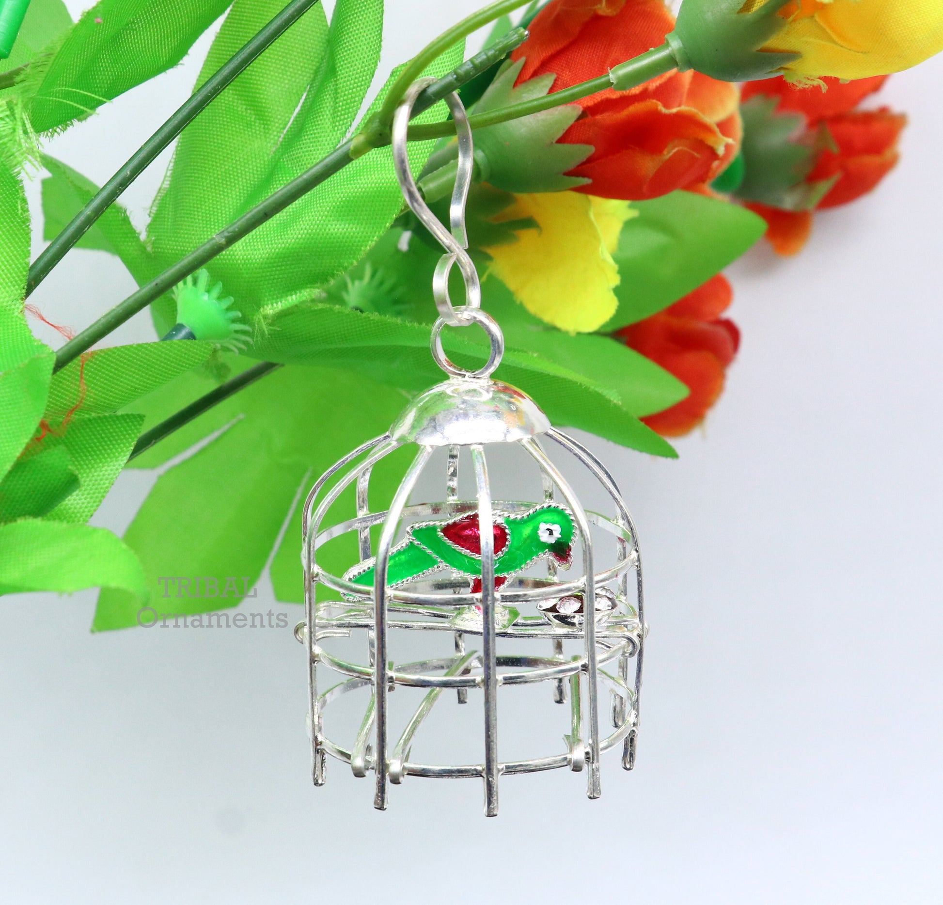 Solid sterling silver handmade toy for idol krishna, silver parrot and cage, silver article for gifting to God or idol Krishna  su767 - TRIBAL ORNAMENTS