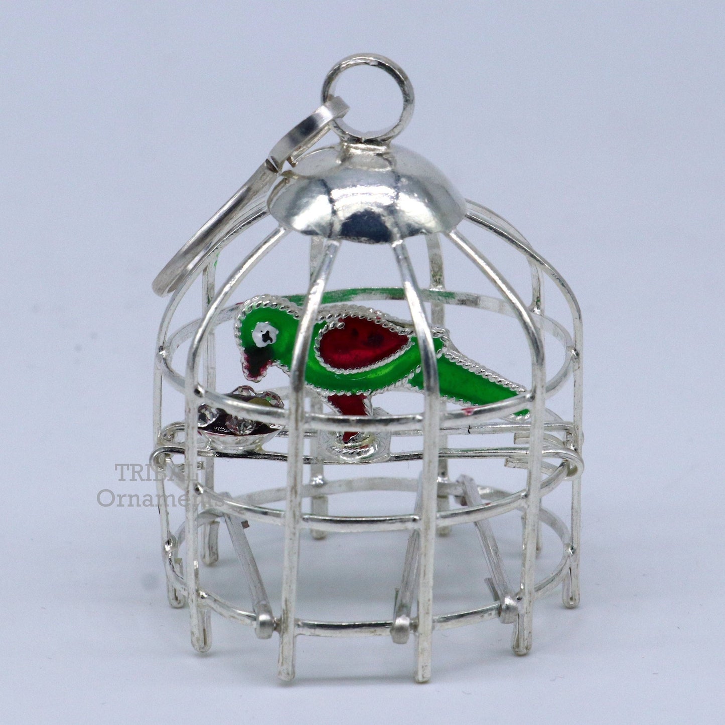 Solid sterling silver handmade toy for idol krishna, silver parrot and cage, silver article for gifting to God or idol Krishna su767 - TRIBAL ORNAMENTS