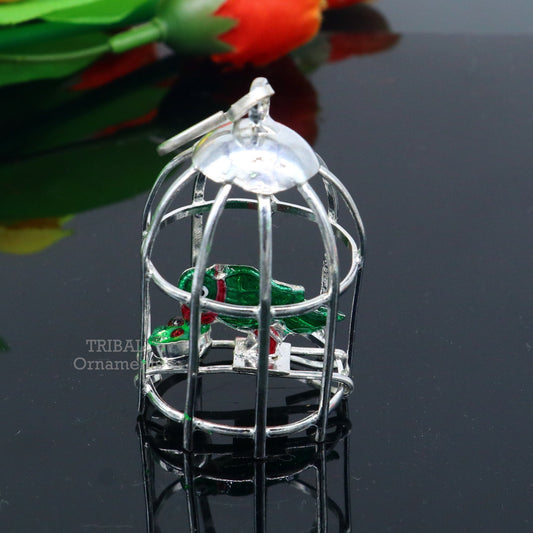 Solid sterling silver handmade toy for idol krishna, silver parrot and cage, silver article for gifting to God or idol Krishna su768 - TRIBAL ORNAMENTS