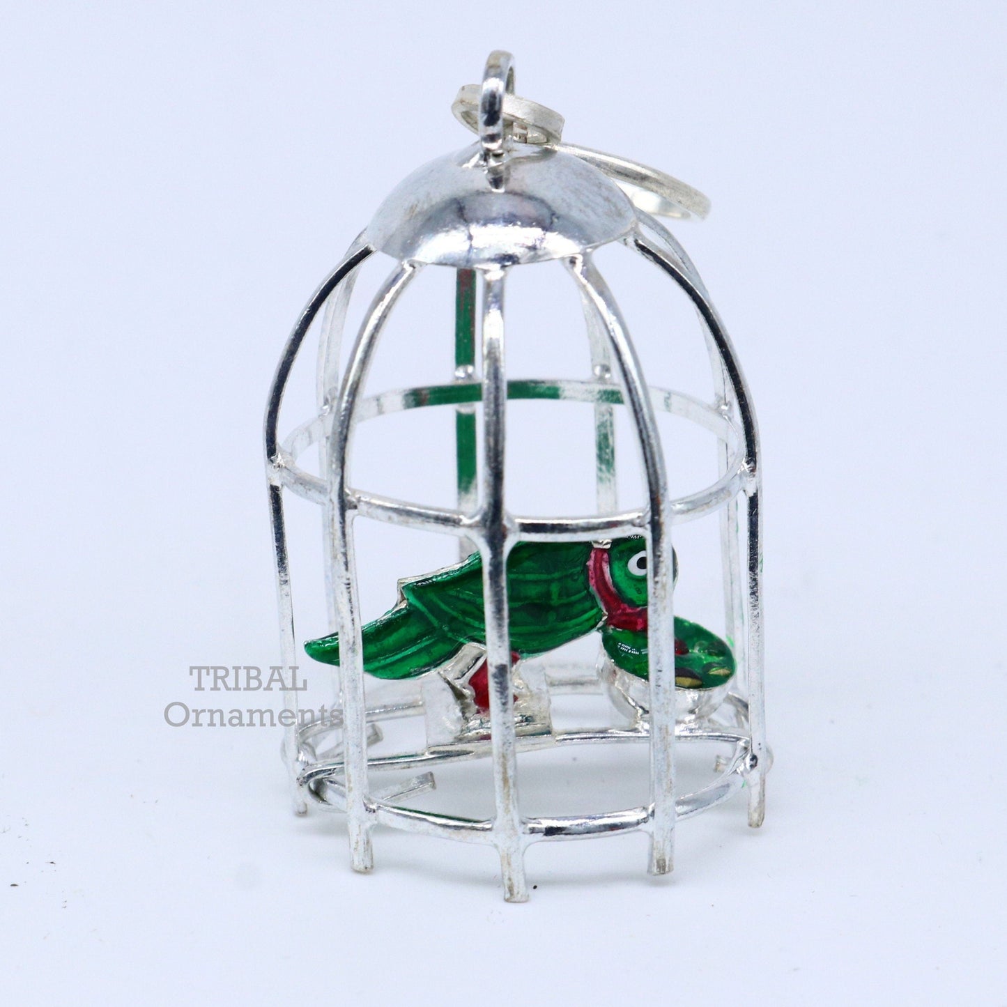 Solid sterling silver handmade toy for idol krishna, silver parrot and cage, silver article for gifting to God or idol Krishna su768 - TRIBAL ORNAMENTS