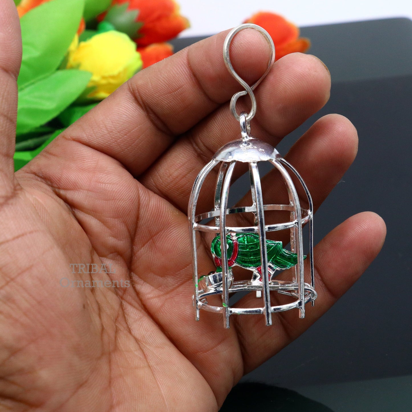 Solid sterling silver handmade toy for idol krishna, silver parrot and cage, silver article for gifting to God or idol Krishna su768 - TRIBAL ORNAMENTS