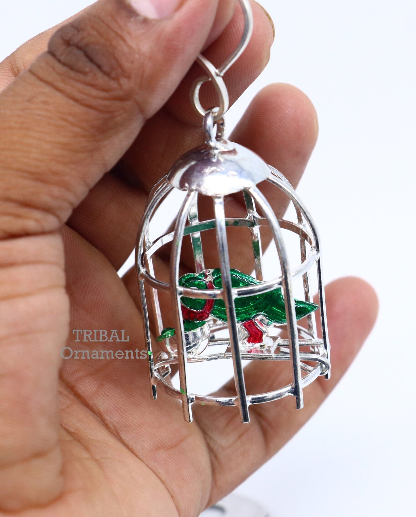 Solid sterling silver handmade toy for idol krishna, silver parrot and cage, silver article for gifting to God or idol Krishna su768 - TRIBAL ORNAMENTS