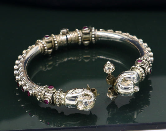 925 Sterling silver handmade vintage peacock design cubic zircon stone tribal ethnic belly dance bangle bracelet gifting kada nsk489 - TRIBAL ORNAMENTS