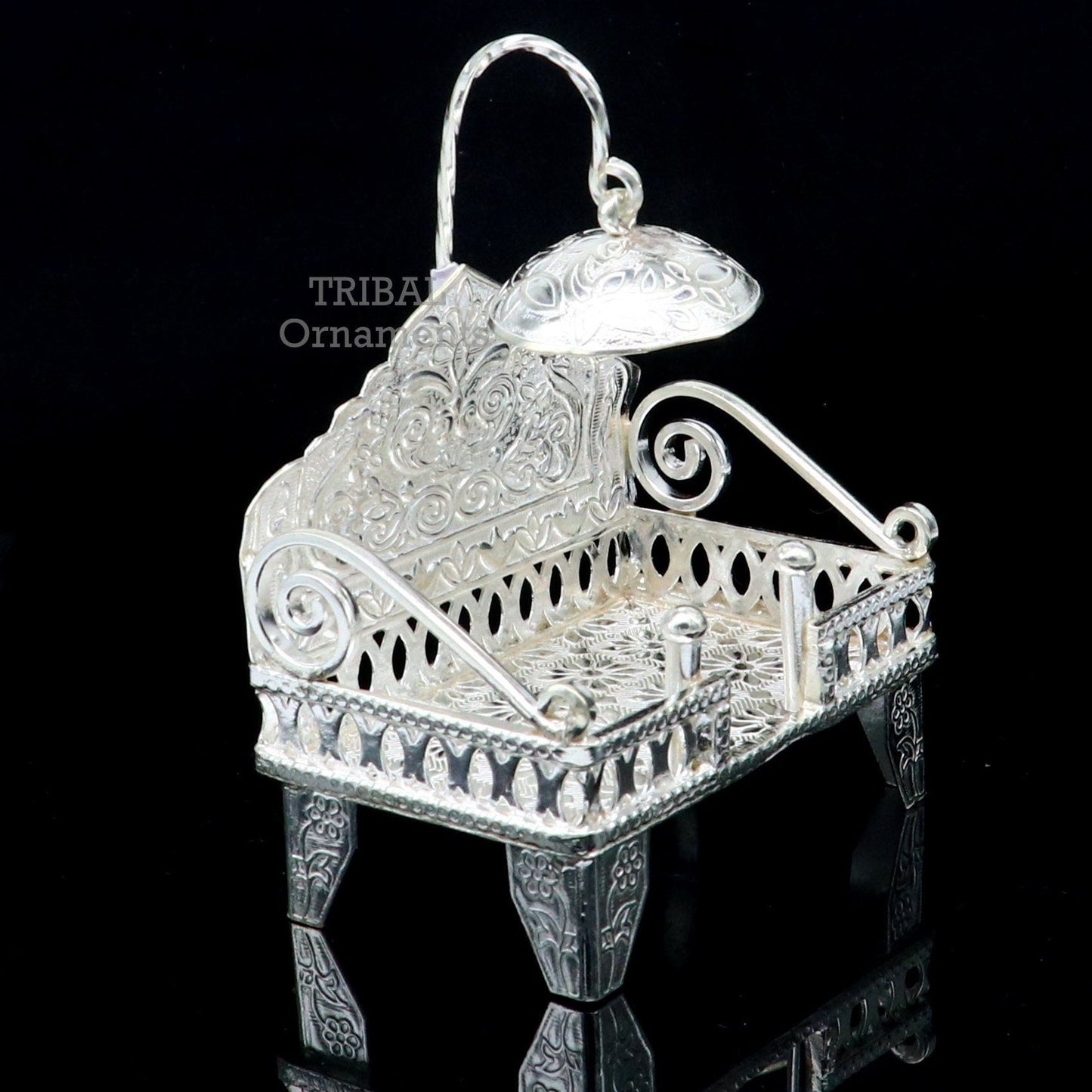 925 pure sterling silver handcrafted small singhasan, idol krishna Bal Gopala throne, god statue's stand chair, temple puja article su782 - TRIBAL ORNAMENTS