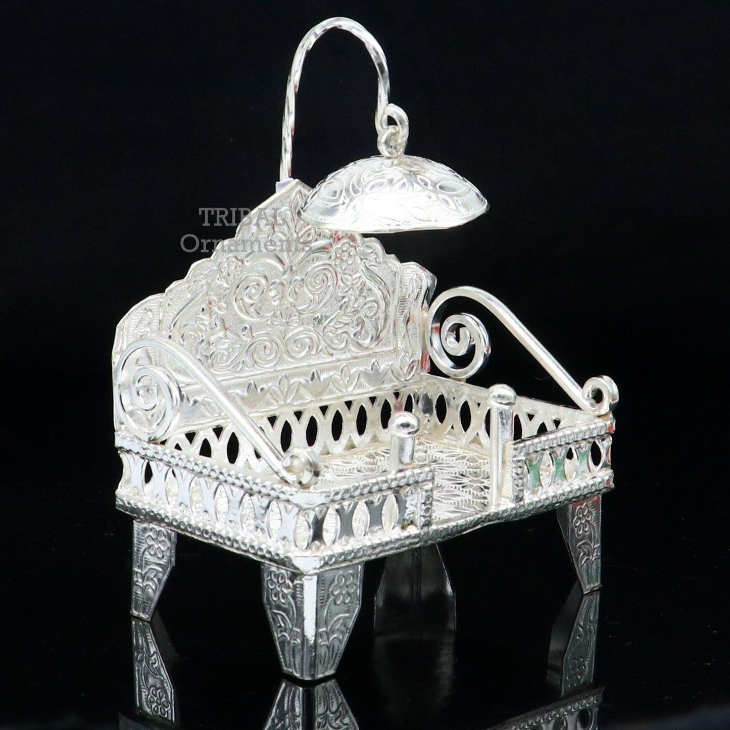 925 pure sterling silver handcrafted small singhasan, idol krishna Bal Gopala throne, god statue's stand chair, temple puja article su782 - TRIBAL ORNAMENTS