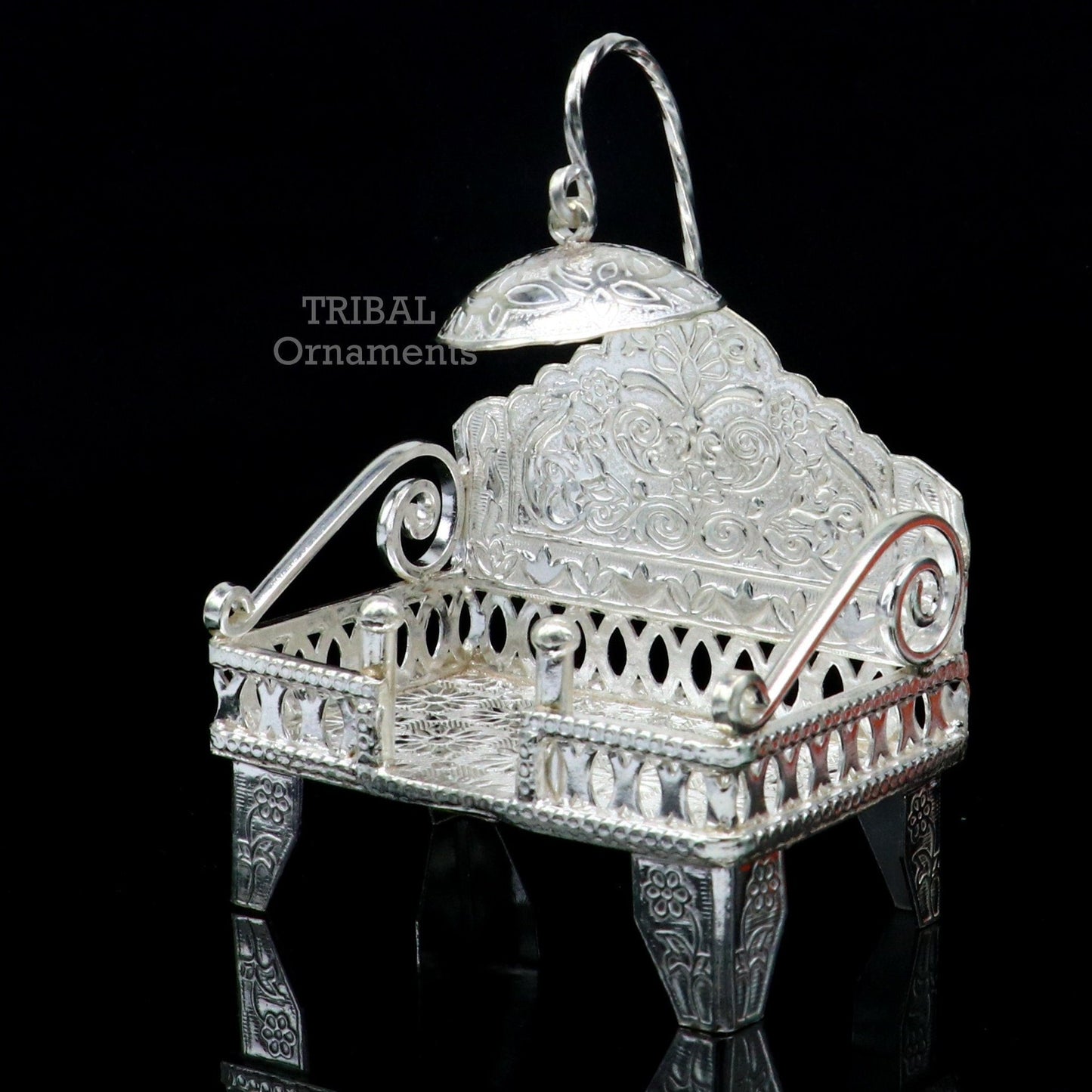 925 pure sterling silver handcrafted small singhasan, idol krishna Bal Gopala throne, god statue's stand chair, temple puja article su782 - TRIBAL ORNAMENTS