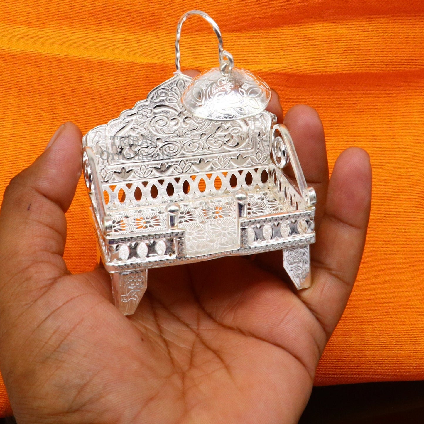 925 pure sterling silver handcrafted small singhasan, idol krishna Bal Gopala throne, god statue's stand chair, temple puja article su782 - TRIBAL ORNAMENTS