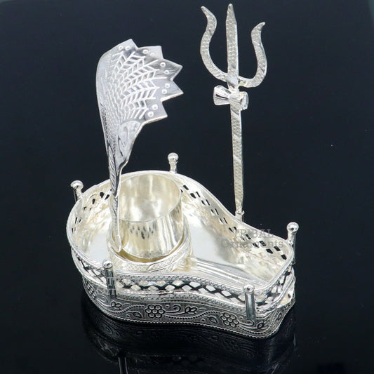 925 sterling silver handmade lord shiva lingam stand/ jalheri with panchmukhi snake (5 face snake) and trident mahakal lingam stand su787 - TRIBAL ORNAMENTS