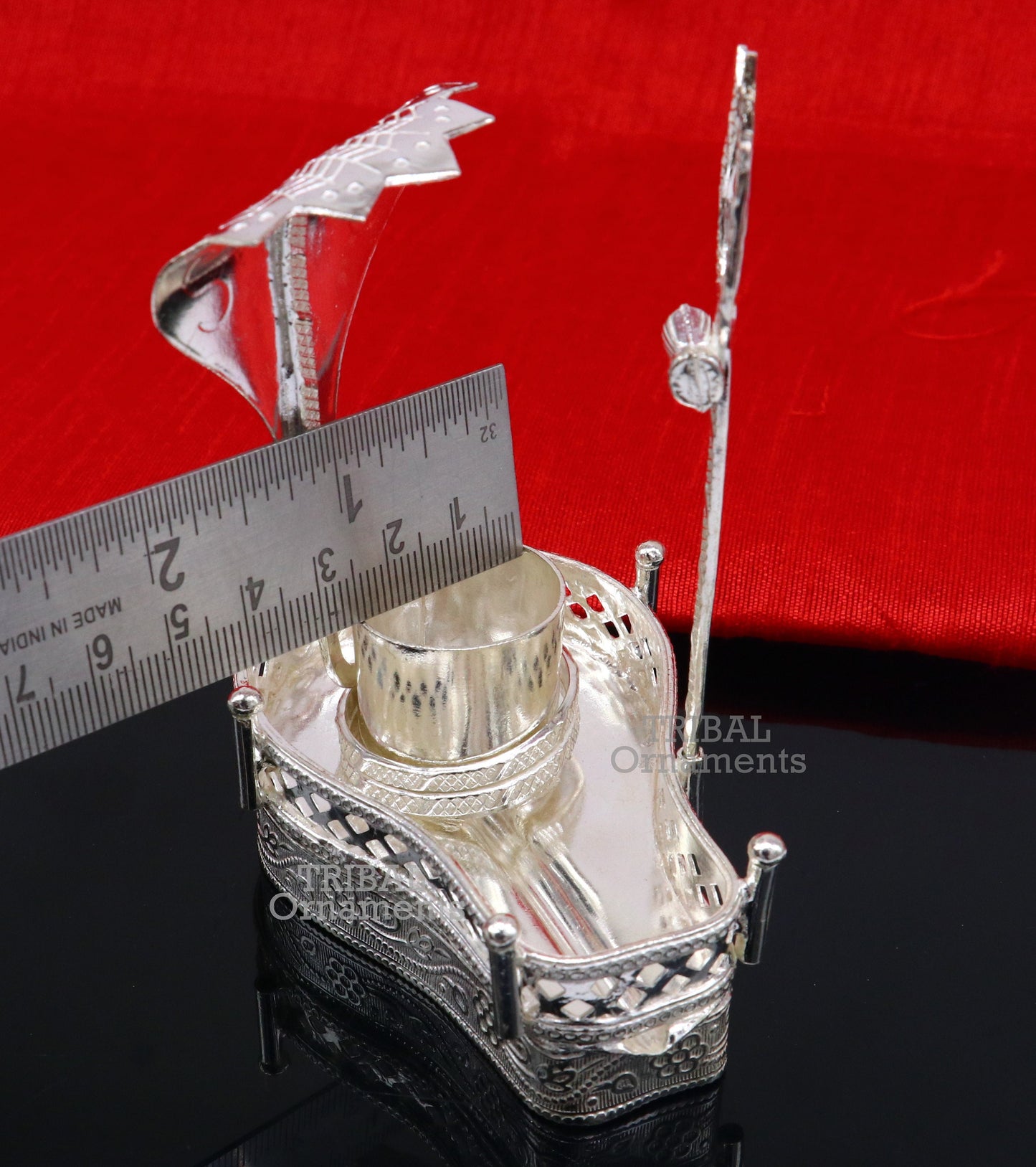 925 sterling silver handmade lord shiva lingam stand/ jalheri with panchmukhi snake (5 face snake) and trident mahakal lingam stand su787 - TRIBAL ORNAMENTS