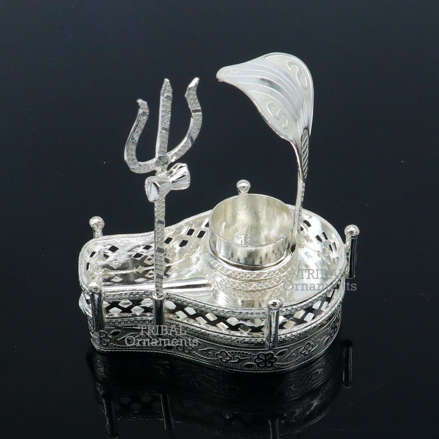 925 sterling silver handmade lord shiva lingam stand/ jalheri with snake and trident mahakal lingam stand su788 - TRIBAL ORNAMENTS