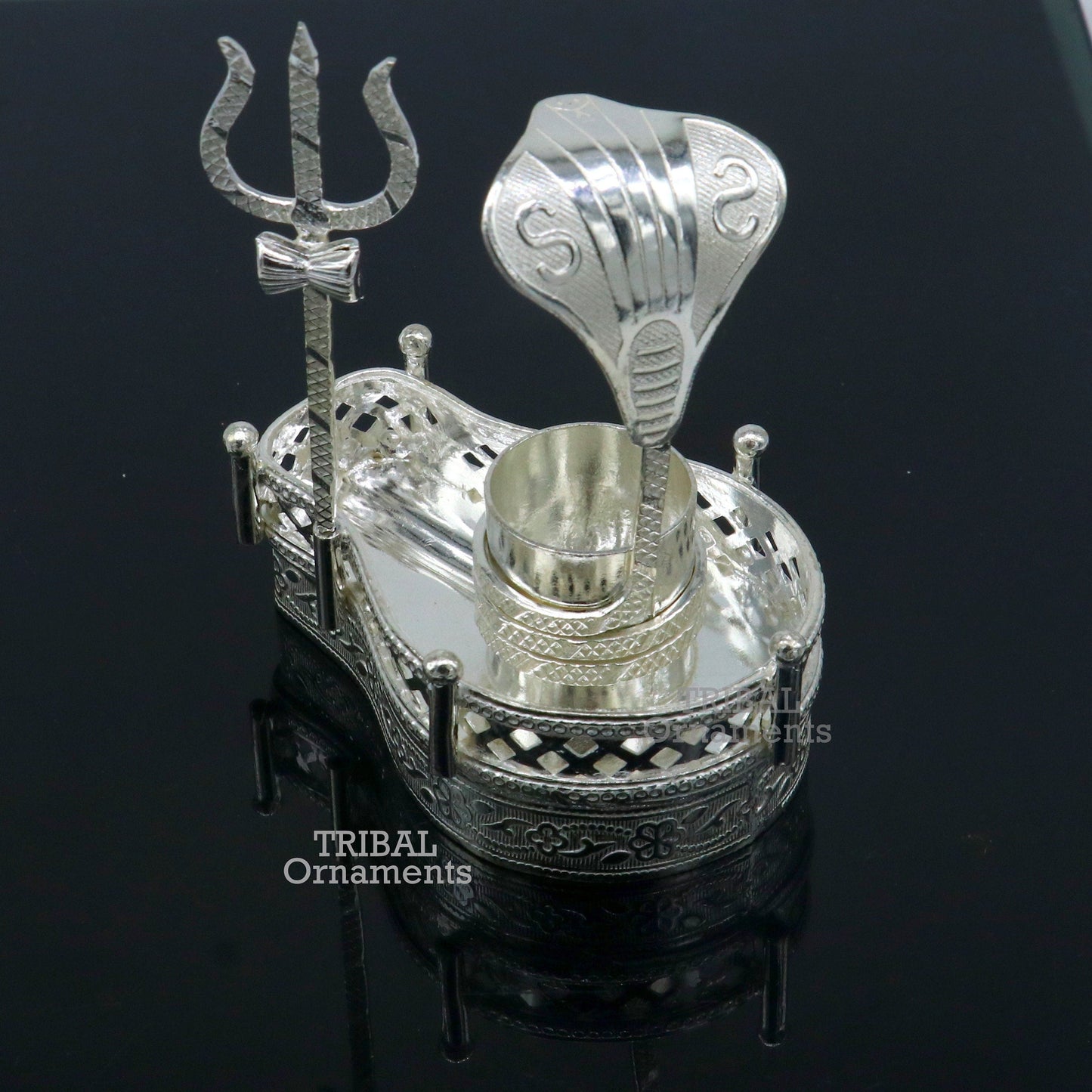 925 sterling silver handmade lord shiva lingam stand/ jalheri with snake and trident mahakal lingam stand su788 - TRIBAL ORNAMENTS