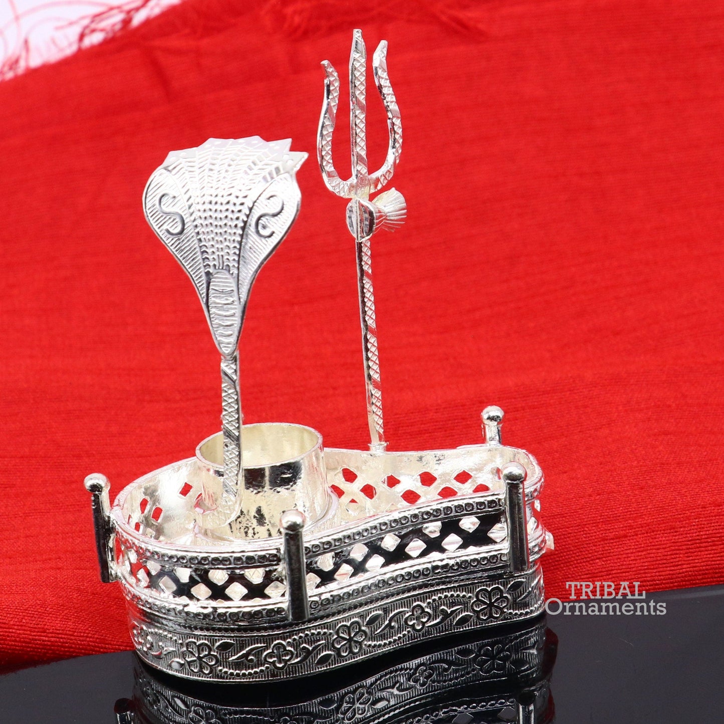925 sterling silver handmade lord shiva lingam stand/ jalheri with panchmukhi snake (5 face snake) and trident mahakal lingam stand su790 - TRIBAL ORNAMENTS