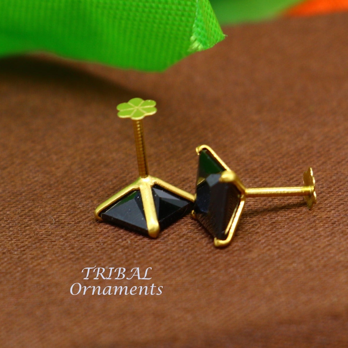 6mm 18kt yellow gold handmade single black stone back screw stud earring cartilage customized unisex jewelry er139 - TRIBAL ORNAMENTS