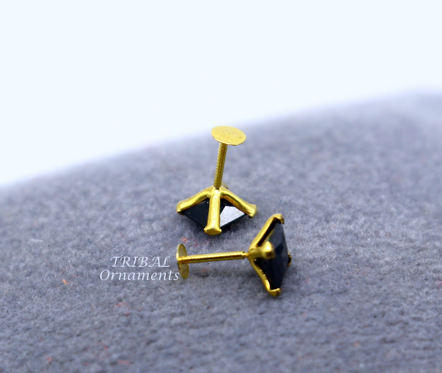 5mm 18kt yellow gold handmade single black stone back screw stud earring cartilage customized unisex jewelry er140 - TRIBAL ORNAMENTS
