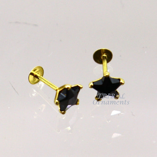 5mm 18kt yellow gold handmade single black stone back screw Star shape stud earring cartilage customized unisex jewelry er142 - TRIBAL ORNAMENTS