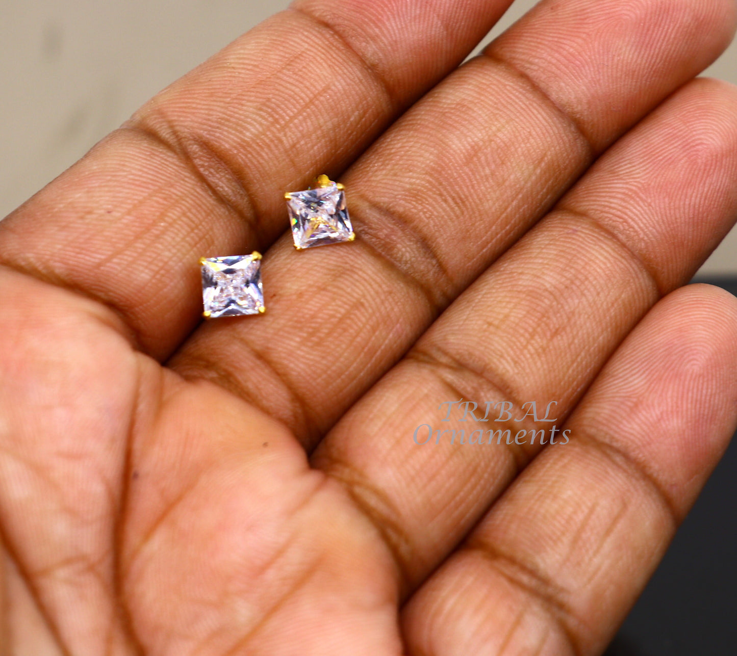 6mm OR 5 mm 18kt yellow gold handmade single cubic zircon stone square shape stud earring cartilage customized unisex jewelry er143 - TRIBAL ORNAMENTS