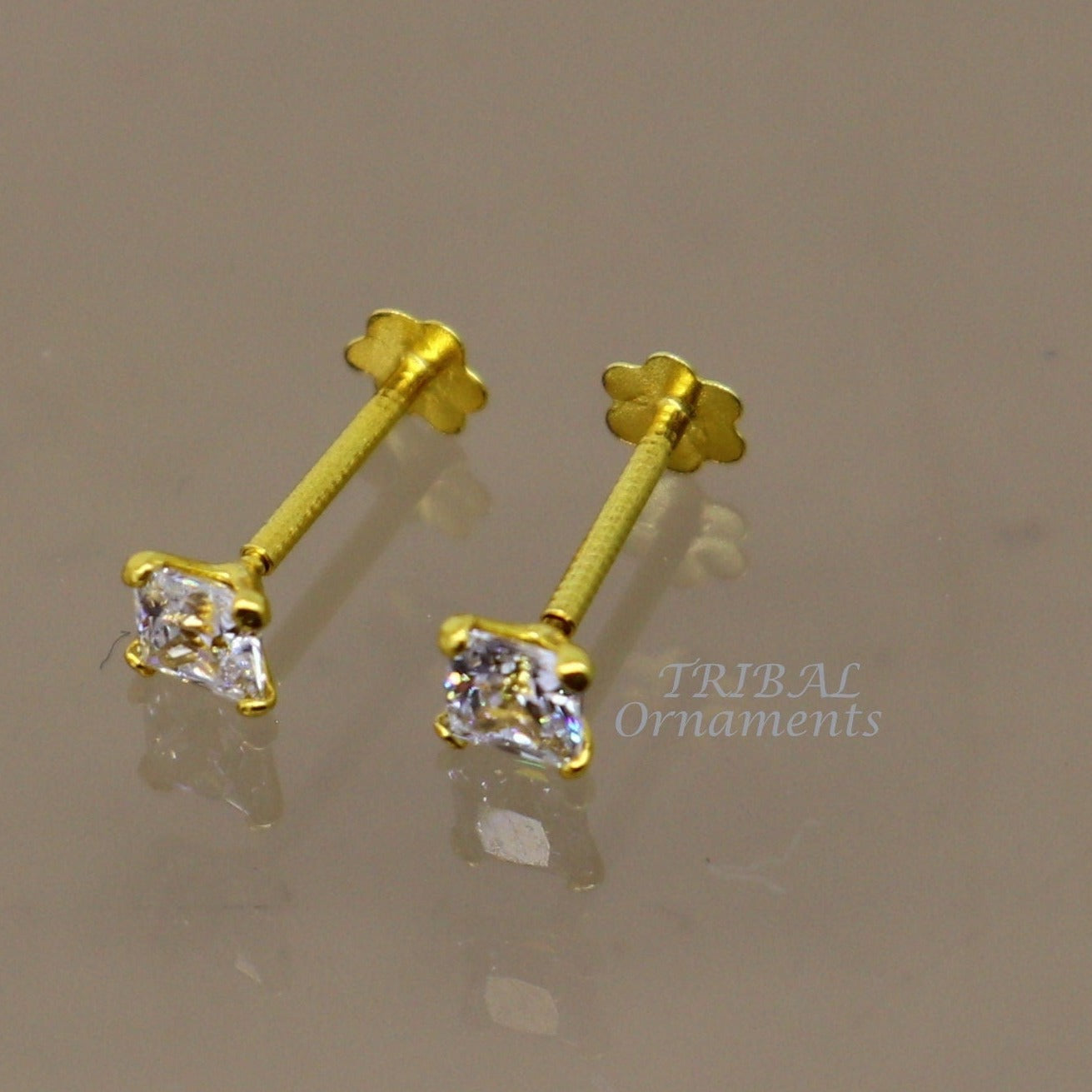 3mm 18kt yellow gold handmade single white stone back screw square shape stud earring cartilage customized unisex jewelry er144 - TRIBAL ORNAMENTS