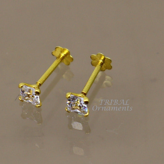 3mm 18kt yellow gold handmade single white stone back screw square shape stud earring cartilage customized unisex jewelry er144 - TRIBAL ORNAMENTS
