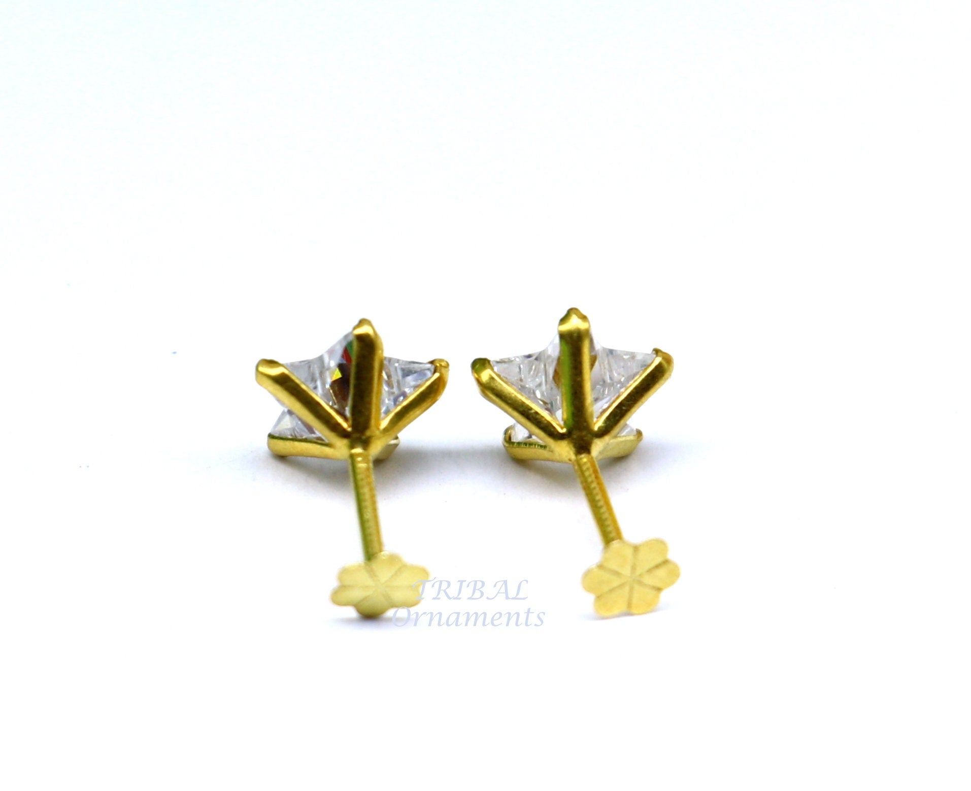 6mm 18kt yellow gold handmade single cubic zircon stone back screw star shape stud earring cartilage customized unisex jewelry er145 - TRIBAL ORNAMENTS