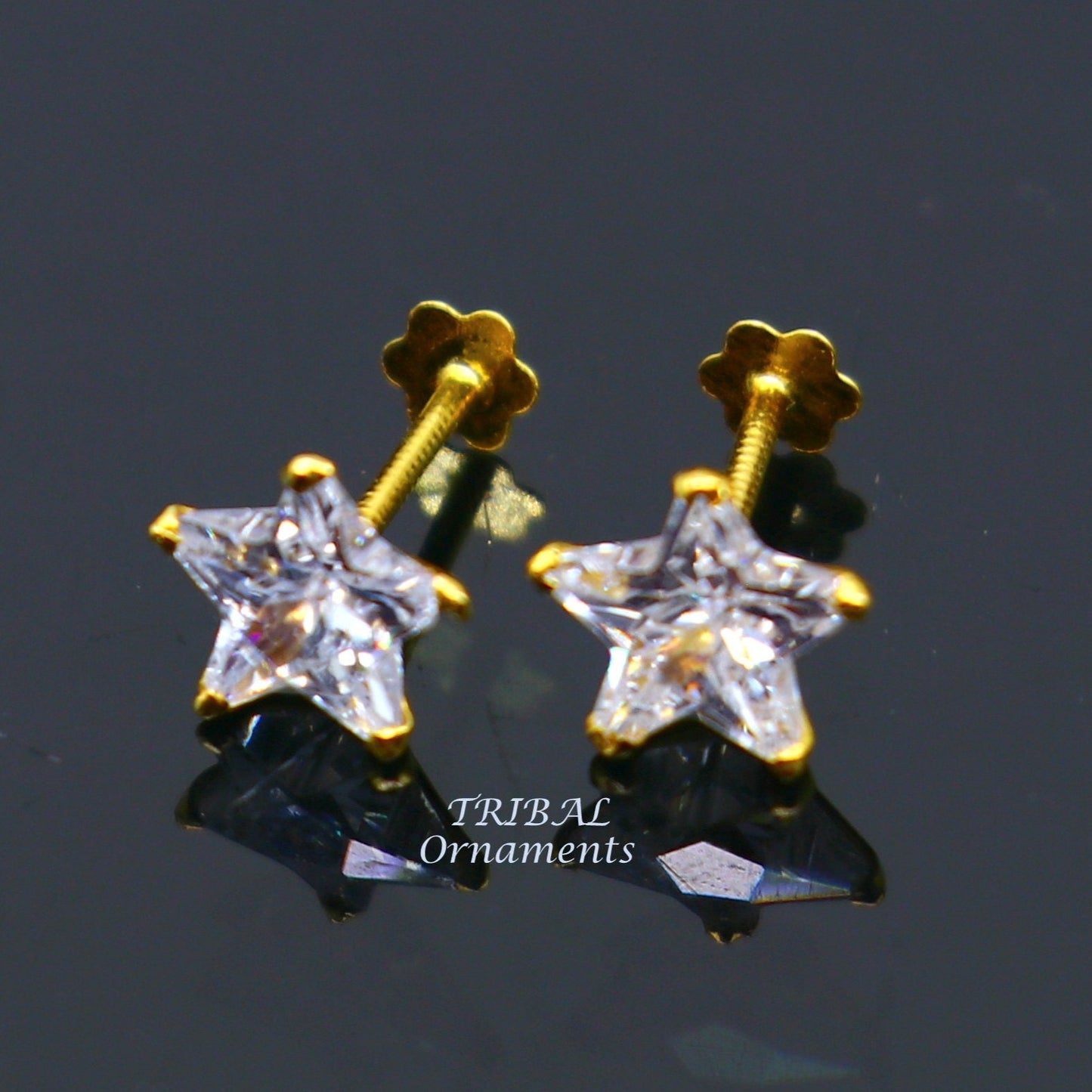 6mm 18kt yellow gold handmade single cubic zircon stone back screw star shape stud earring cartilage customized unisex jewelry er145 - TRIBAL ORNAMENTS