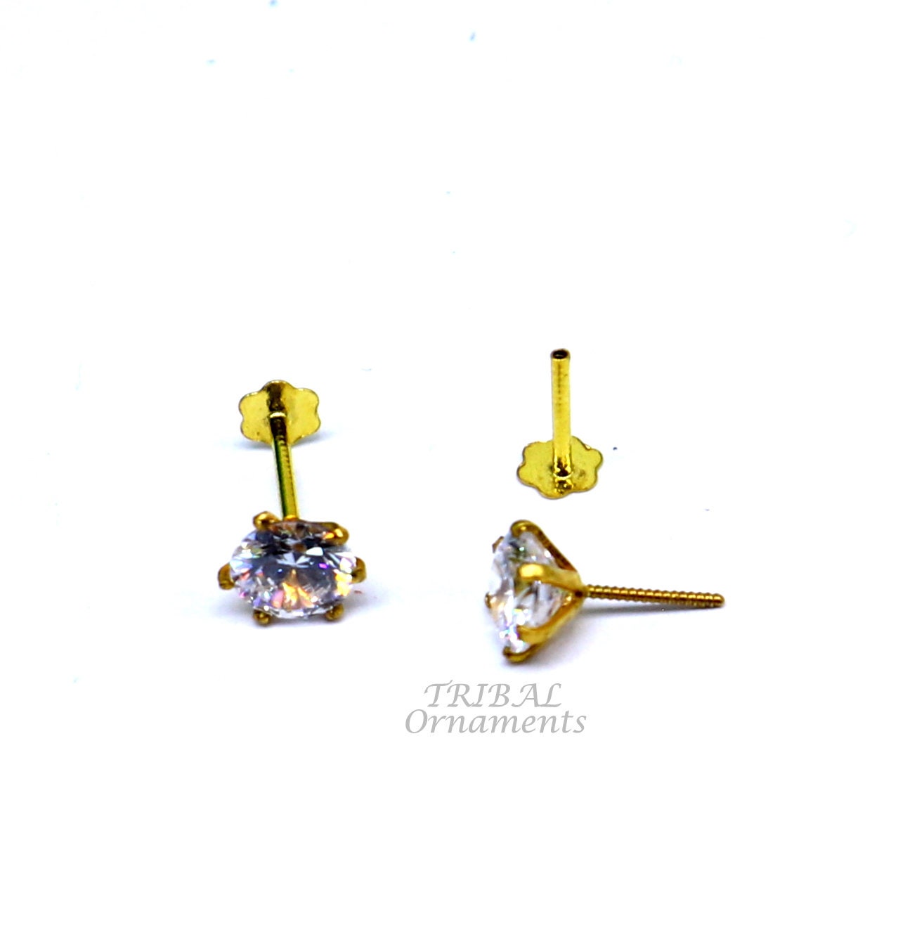 5mm 18kt yellow gold handmade single stone round shape stud earring cartilage earring customized unisex screw back stud jewelry er149 - TRIBAL ORNAMENTS