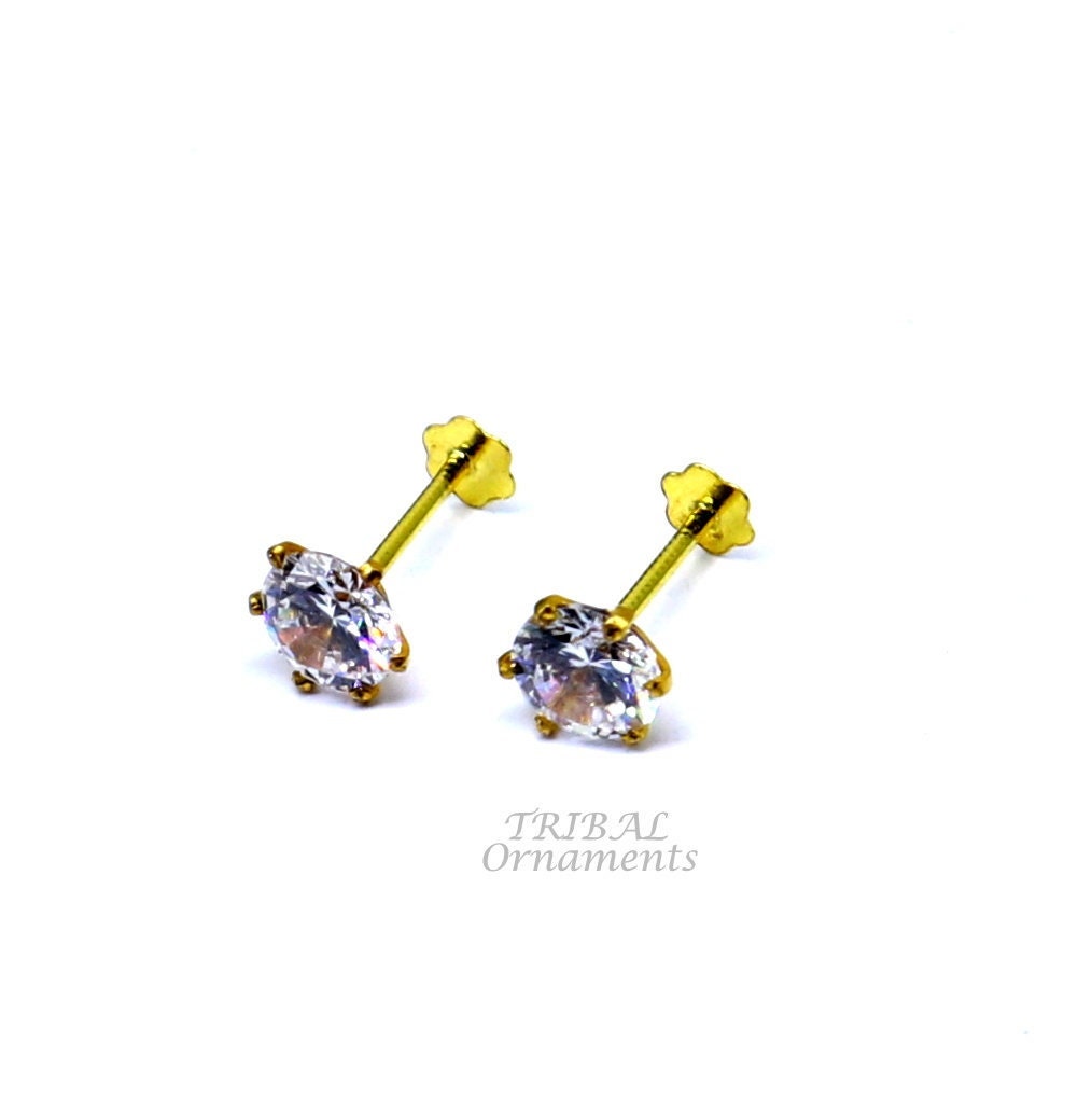 5mm 18kt yellow gold handmade single stone round shape stud earring cartilage earring customized unisex screw back stud jewelry er149 - TRIBAL ORNAMENTS