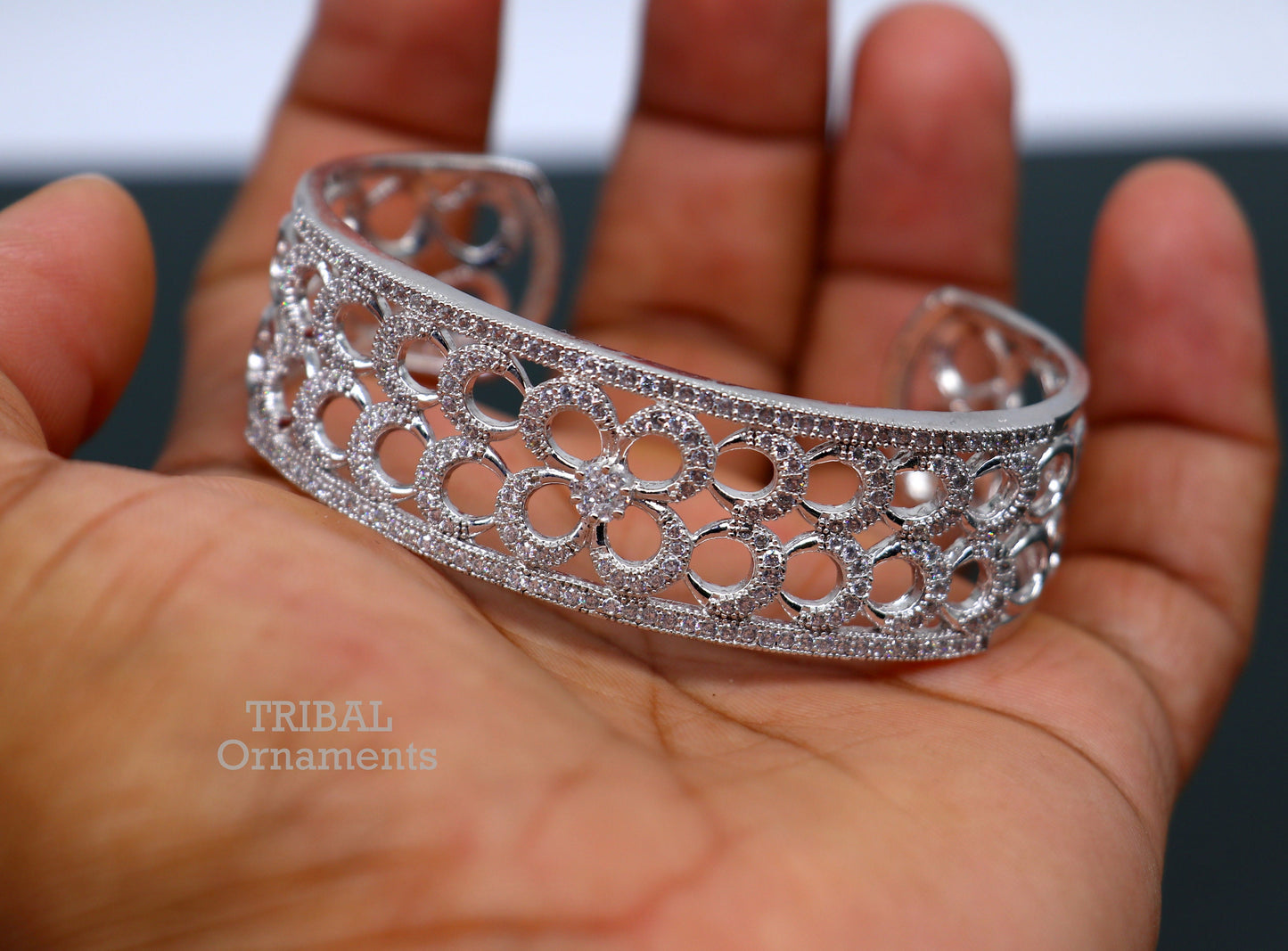 925 sterling silver handmade amazing cubic zircon stone adjustable cuff bangle bracelet kada customized girl's jewelry cuff80 - TRIBAL ORNAMENTS