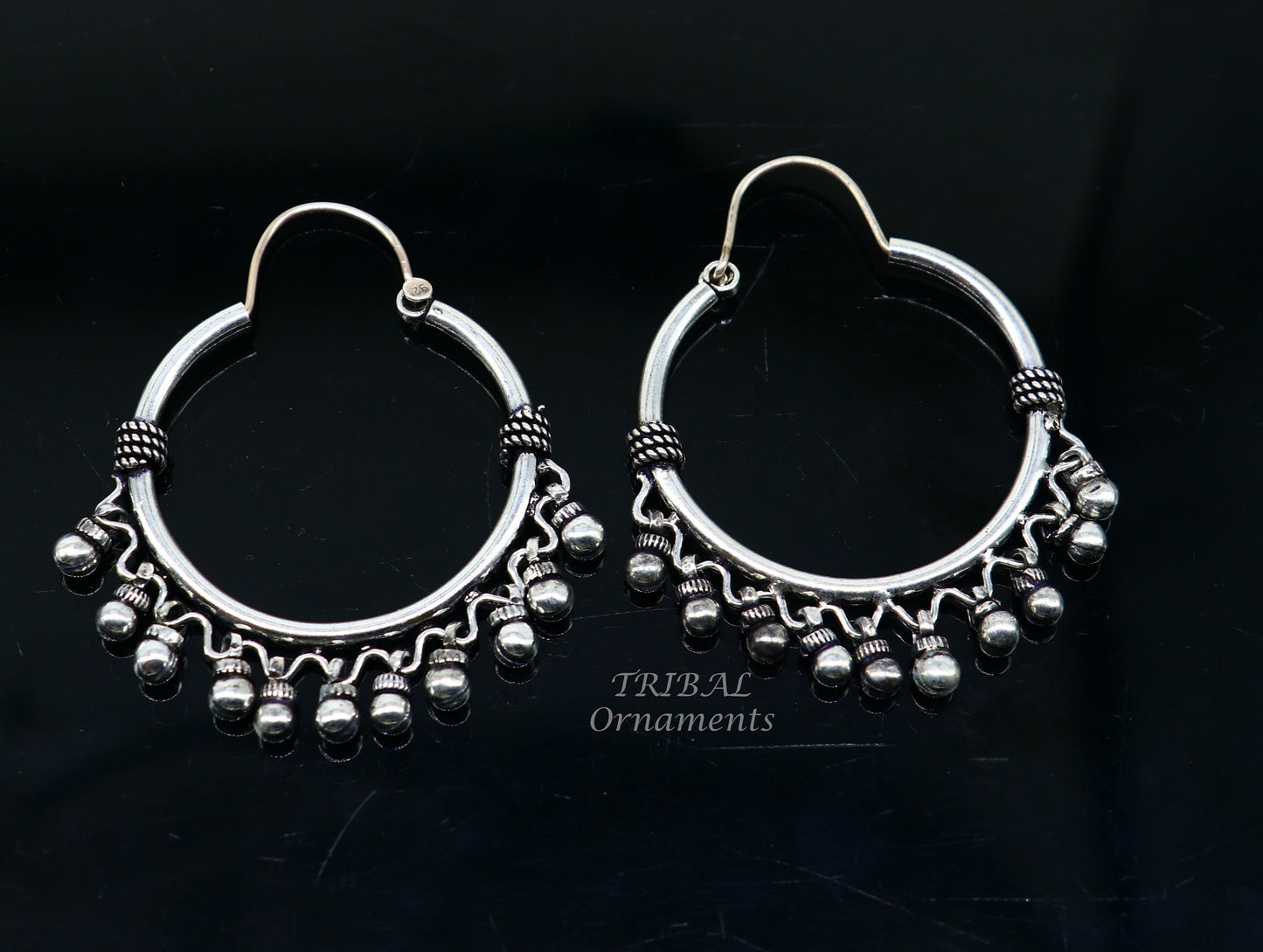925 sterling silver handmade hoop earring, fabulous Bali, hanging bells, hook, hoop gifting gorgeous tribal customized jewelry s1037 - TRIBAL ORNAMENTS