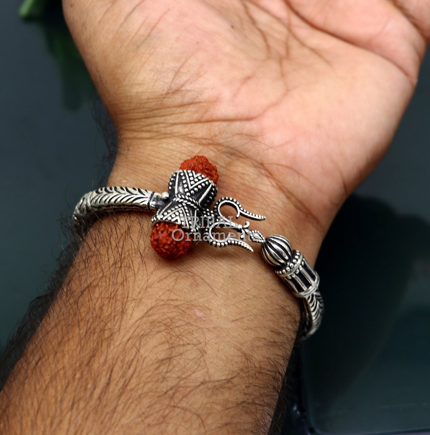 Divine Lord Shiva trident trishul trishool kada 925 Sterling silver handmade bangle bracelet with natural Rudraksha magical kada nsk492 - TRIBAL ORNAMENTS