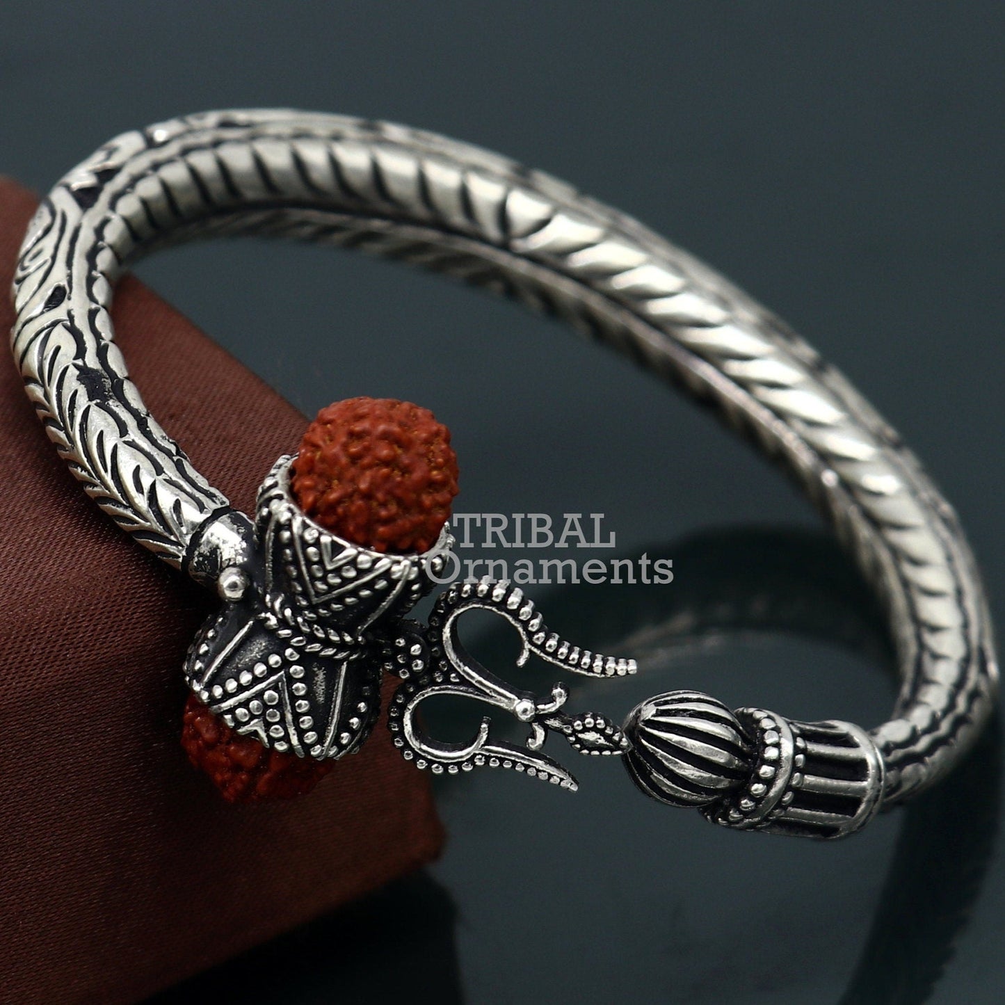 Divine Lord Shiva trident trishul trishool kada 925 Sterling silver handmade bangle bracelet with natural Rudraksha magical kada nsk492 - TRIBAL ORNAMENTS