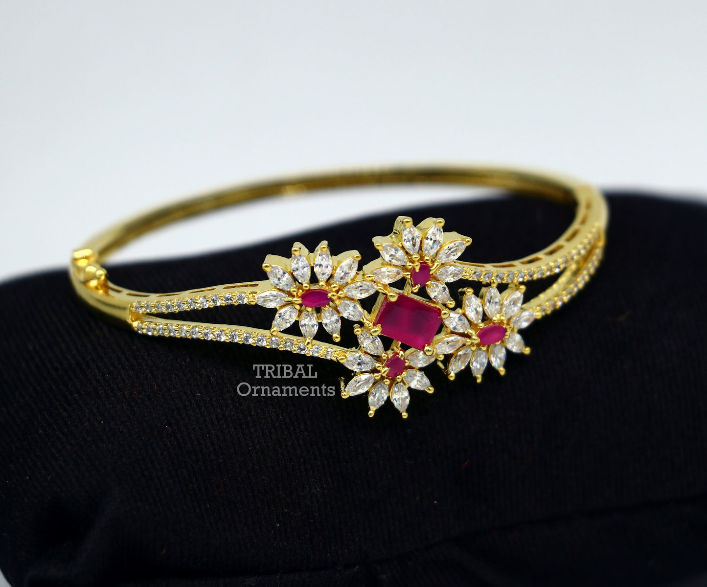 925 sterling silver gold polished handmade amazing cubic zircon stone cuff bangle bracelet kada customized girl's jewelry cuff83 - TRIBAL ORNAMENTS