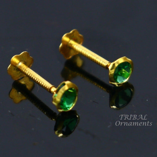 3mm 18k yellow gold handmade fabulous green cubic zircon stone excellent antique vintage design stud earrings pair unisex jewelry er156 - TRIBAL ORNAMENTS