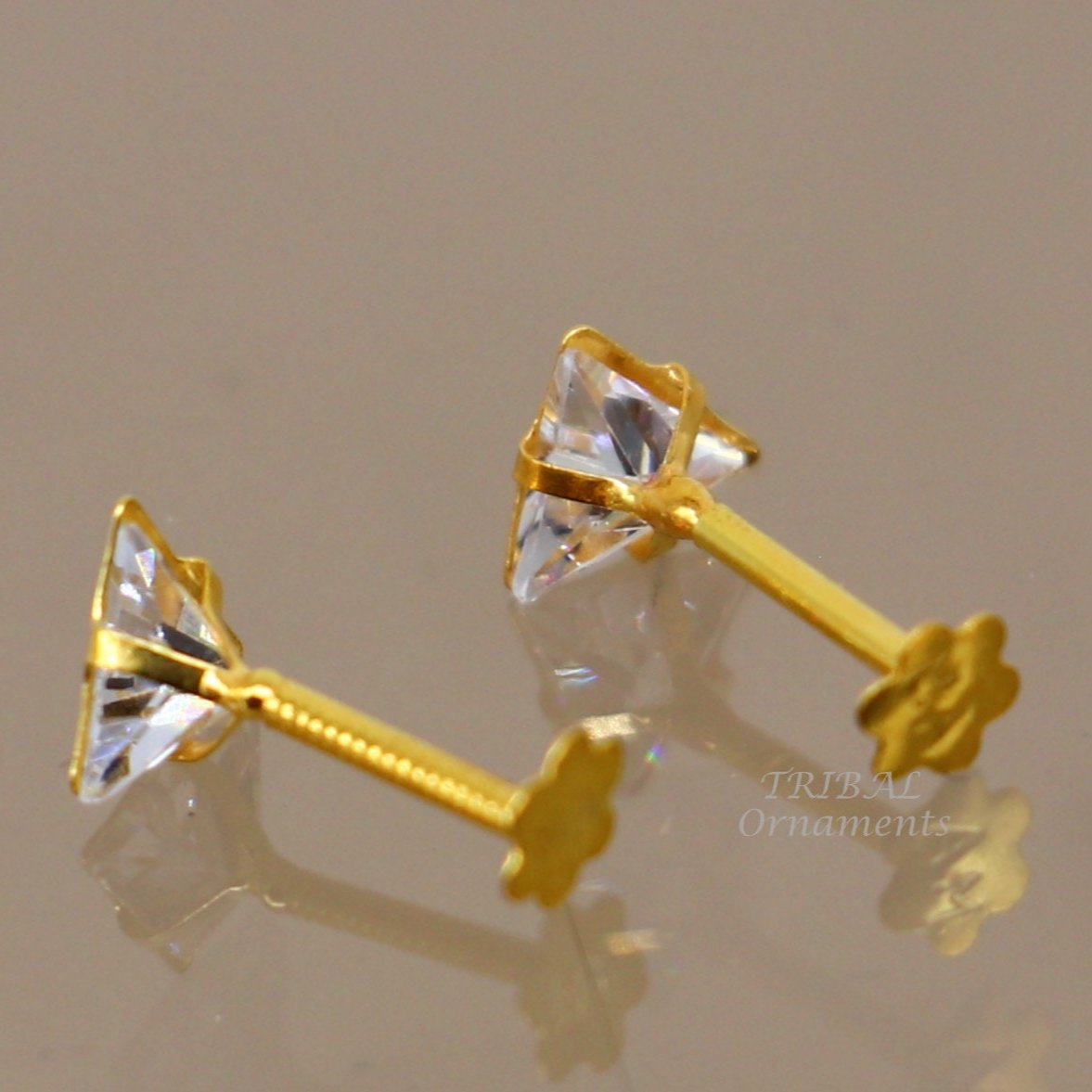 4mm tiny single pink stone handmade 18kt yellow gold combo jewelry we can use as stud or nose stud , baby stud cartilage jewelry er160 - TRIBAL ORNAMENTS