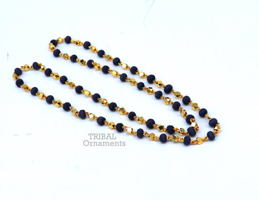 Sterling silver handmade wooden beads basil rosary beads silver chain over gold polished, black tulsi mala customized necklace ch161 - TRIBAL ORNAMENTS
