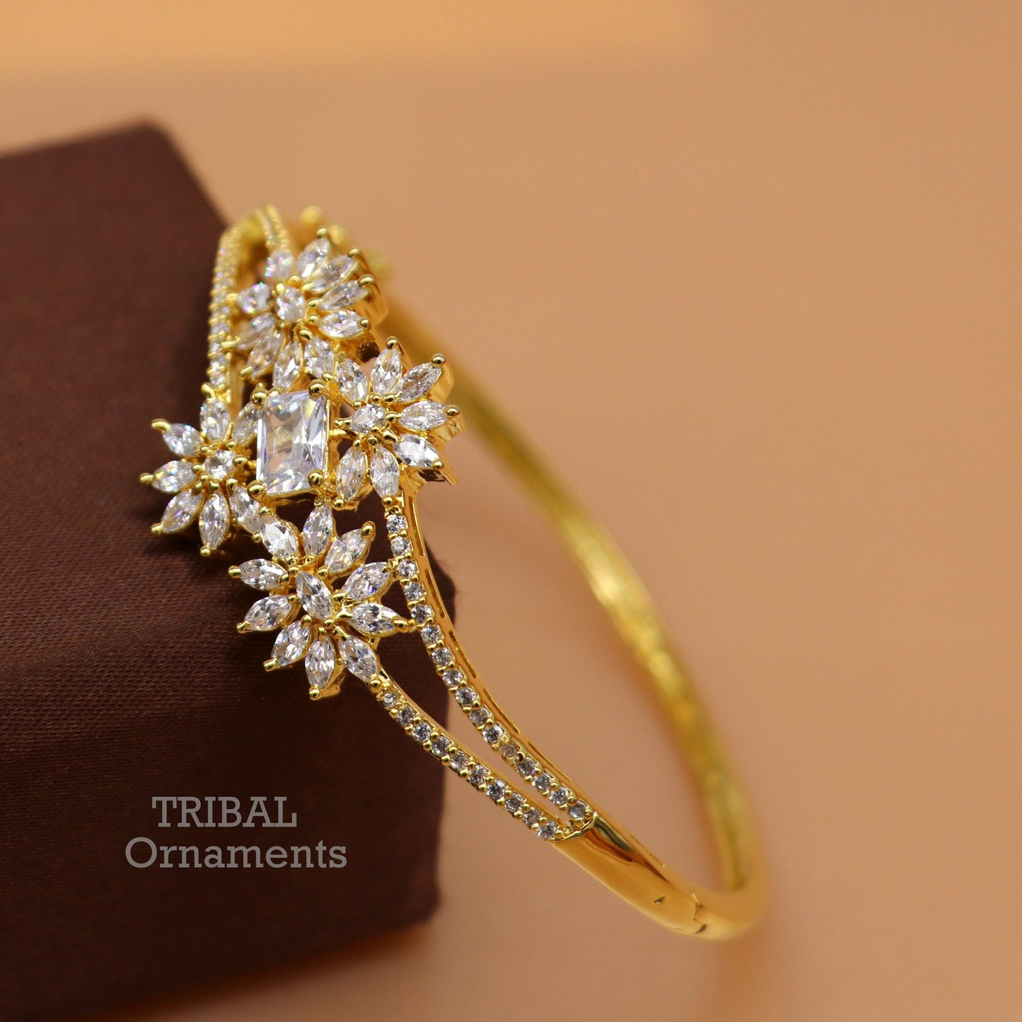 925 sterling silver gold polished handmade amazing cubic zircon stone cuff bangle bracelet kada customized girl's jewelry cuff84 - TRIBAL ORNAMENTS