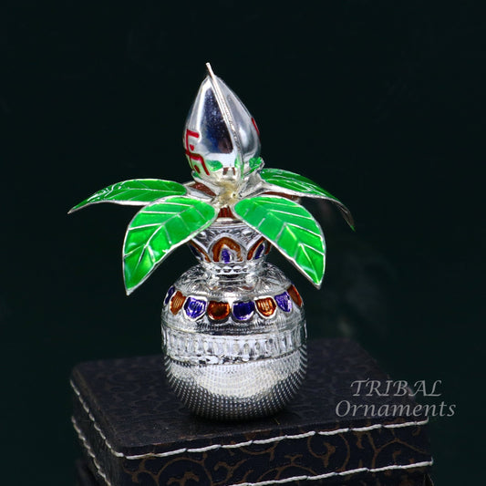 Gorgeous Sterling silver handmade vintage design puja kalash with silver coconuts and leaf, excellent home temple article worshipping su820 - TRIBAL ORNAMENTS