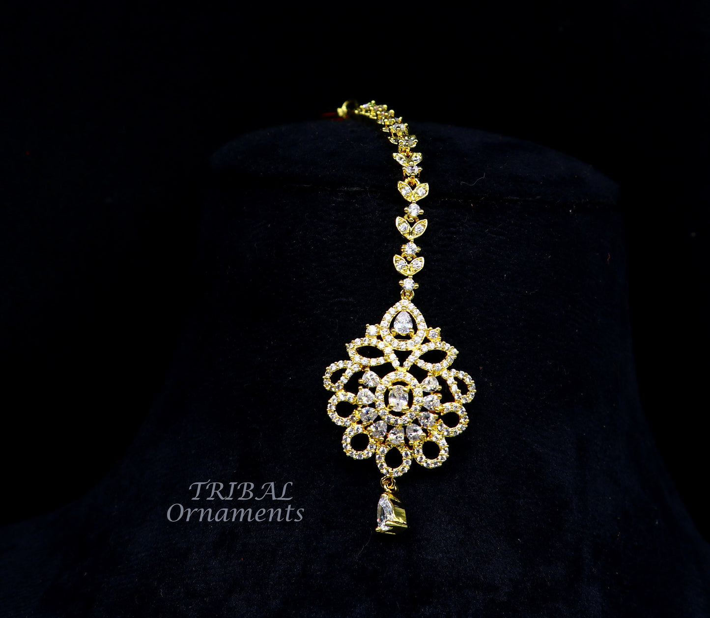 925 sterling silver customized gold tone cubic zircon stone head jewelry mang tika, bridal wedding set, belly dance charm hair jewelry MT02 - TRIBAL ORNAMENTS