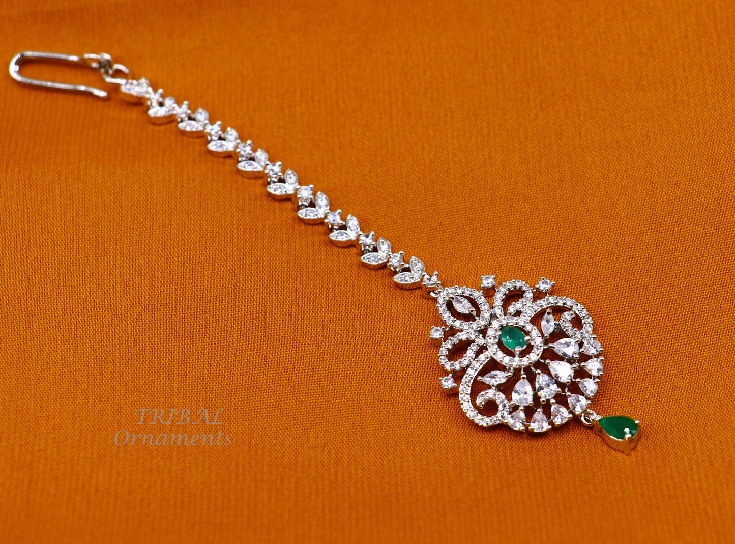 Amazing stylish fancy design 925 sterling silver head jewelry Brides Mang Tika, excellent wedding party cubic zircon stone jewelry MT05 - TRIBAL ORNAMENTS